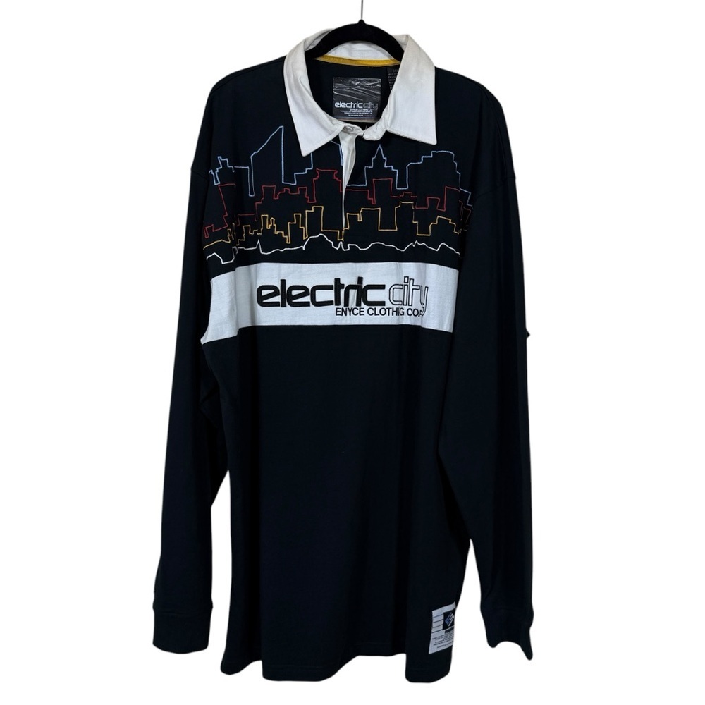 Vintage ENYCE Electric City Landscape Men’s Long Sleeve Polo Shirt Y2K Size 3XL